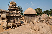 Mamallapuram - Tamil Nadu. The five Rathas. The group of the Arjuna Ratha, Draupadi Ratha and Nandi the bull. 